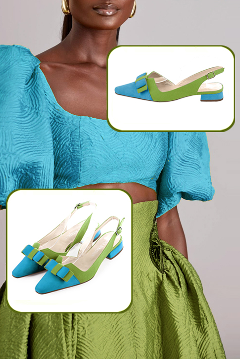 Women's turquoise blue and grass green elegant slingback heels, with a bow on the front. Tapered toe. Flat block heels - Top view